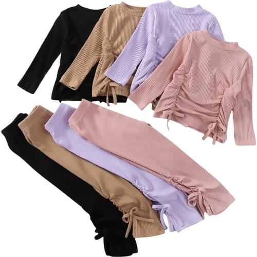 Infant Kids Baby Girl’s T-shirt and Trousers Suit Fashion Solid Color Drawstring Long Sleeve Tops and Long Pants 18M-6T