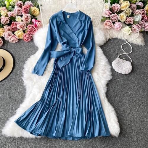 JSXDHK Elegant Korean Summer Notched Collar Pleated Dress 2021 Women Solid Color Chiffon Lace Up Office Ladies Chic Long Dresses