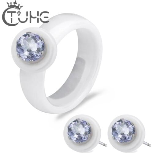 New Wedding Bride Jewelry Set Good Quality Ceramic Ring & Earring Set With Big Light Blue Crystal For Women Wedding Jewelry Sets