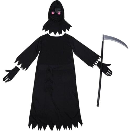 Halloween Costumes for Kids Cosplay Carnival Party Set Childrens Mysterious Horror Grim Reaper Dress Up Black Hoodie 2021 New