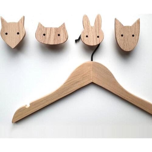 4pcs/pack Oak Walnut Wood Solid Hooks Cute Animal Fox/cat/rabbit/dog Children Room Decoration Wall Hook Key Holder Nordic Hanger