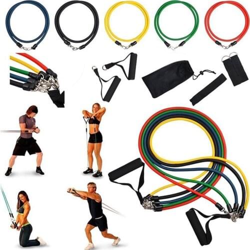 11Pcs Pull Rope Resistance Bands Set with Foam Handles Workout Bands Kit Fitness Body Building Yoga Home Gym Workout Equipment