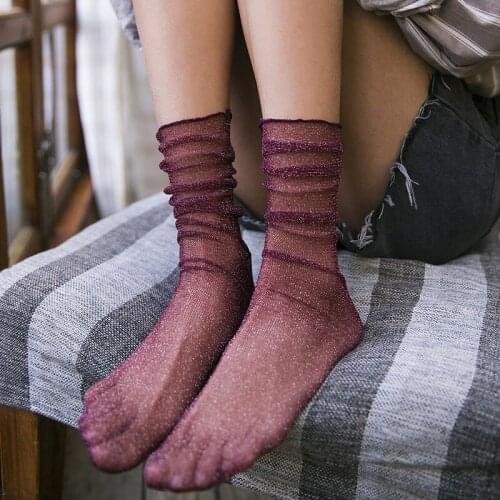 Summer Retro Mesh Sexy Socks Female Breathable Korean Hollow Out Summer Gold Silver Socks Solid Color Fishnet Wine Red Socks