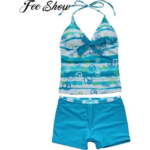 New Kids Girls Summer Printed Swimwear Swimsuit Halter Tankini Set Children Beachwear Bathing Suit Surfing Swimming Outfits
