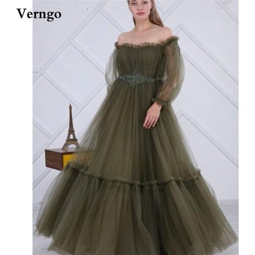 Verngo Olive Green Tulle A Line Puff Long Sleeves Prom Dresses Off the Shoulder Crystal Sash Tiered Floor Length Evening Gowns