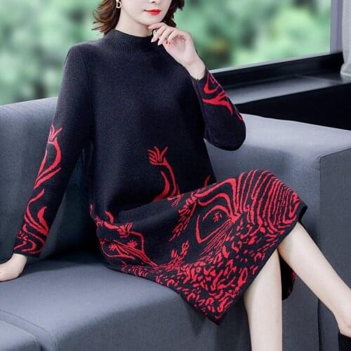 Printing Autumn and Winter Plus Velvet Thick Knitted Dress 2020 New Plus Size Womens Mid-Length Base Sweater Dress Robes Y368