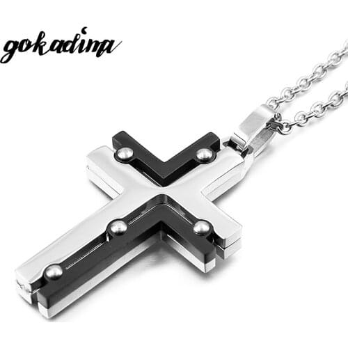 GOKADIMA Length 50cm Boys Cross Necklace O Chain Necklace In BlackSilver Color Small Cross Pendant Necklace Mens Jewelry Gifts