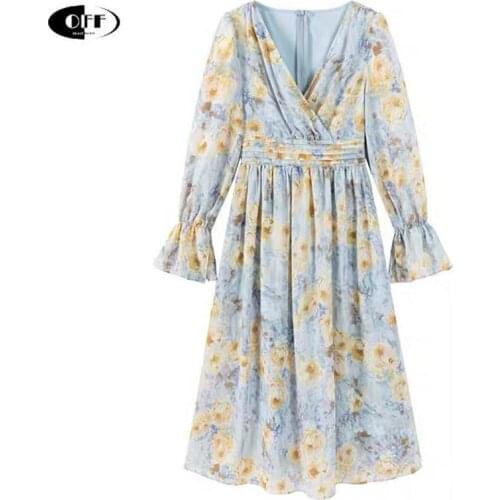 Aesthetic Autumn Women Midi Dresses Traf Elegant French Beach Holiday Chic Fairy Grunge Floral Long Sleeve V-neck Lady Dress ZA