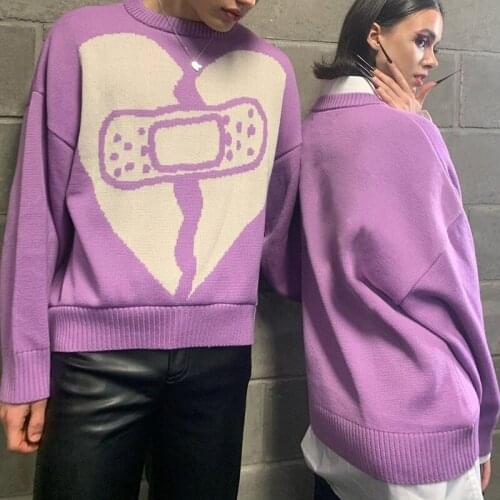 Womens Oversized Knit Pullover Sweater Y2K Heart Print Long Sleeve Crewneck Jumper Tops Fashion E-Girl Knitwear Female Winter