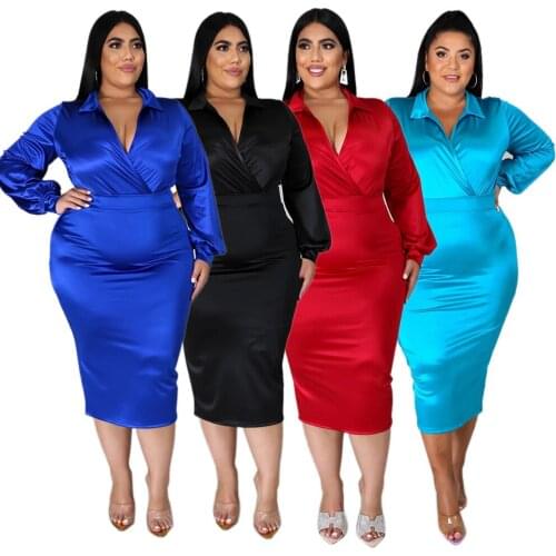 Sexy Club Wear Women Solid Plus Size Two Piece Sets Ladys 2021 Spring V-neck Bodysuits + High Waist Bodycon Mid-calf Skirts Set