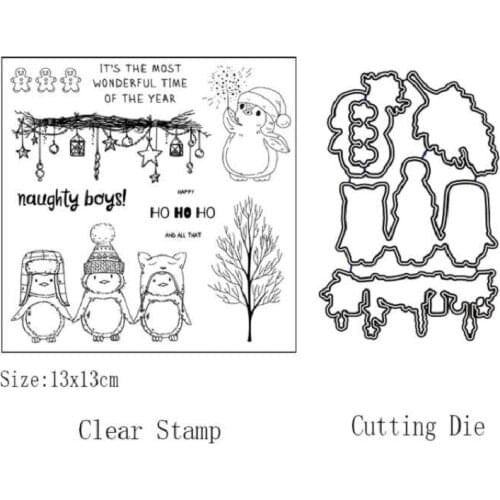AZSG Cute Christmas Penguin Cutting Dies Clear Stamps For DIY Scrapbooking Decorative Card Making Craft Fun Decoration Supplies