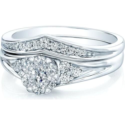 10k White Gold Diamond Wedding Set Bridal Ring Cluster Curve Contoured V Band
