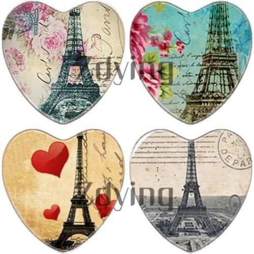 Zdying 10pcs/lot 25mm Heart Shape Vintage Eiffel Tower Art Picture Glass Cabochon Beads Demo Flat Back DIY Jewelry Findings