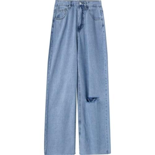 ZG1276 2020 spring and autumn new women wide leg show thin fashion high waist broken straight jeans cheap wholesale