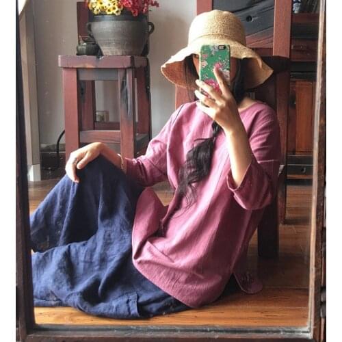 Women Cotton Linen Solid Color Vintage Shirt Tops Blouse Female Casual Three Quarter Sleeve Shirt Ladies Cotton Flax Retro Shirt