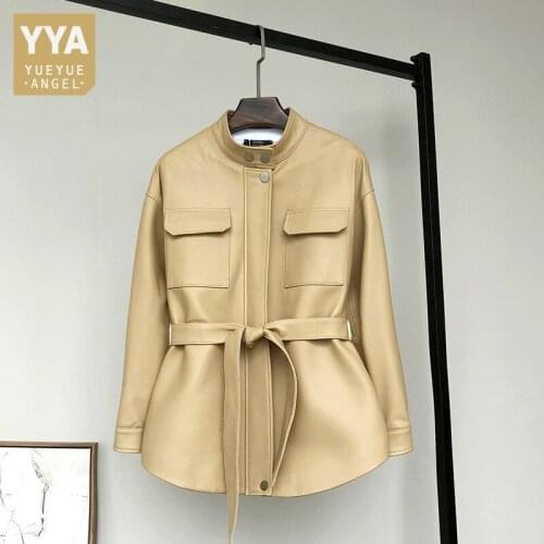 High Quality Genuine Leather Cargo Jacket Women Zip Stand Collar Sashes Natural Sheepskin Windbreakers Coats Autumn Streetwear