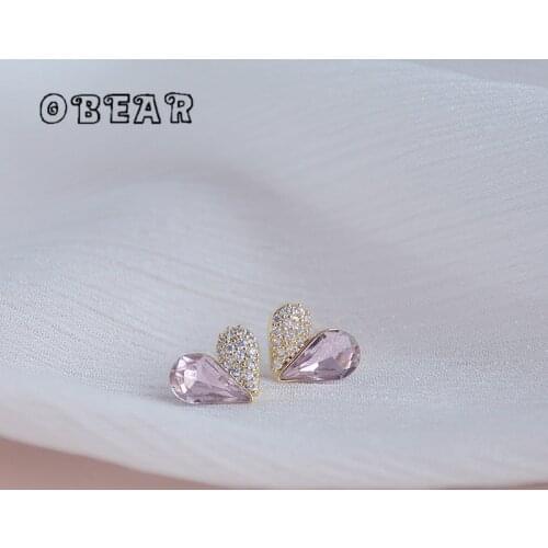 OBEAR 14k Real Gold Plated Micro Inlaid Zircon Pink Heart Stud Earrings Women Temperament All-Match Banquet Jewelry