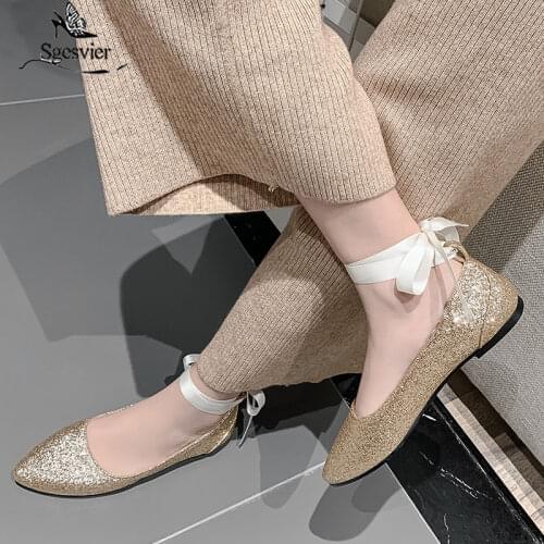 Sgesvier Fashion Bling Sequined Ankle Cross Strap Party Wedding Bridal Shoes Gold Silver Flats Shoes Women Ladies Flat Shoes