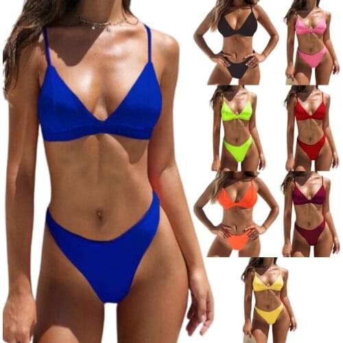 Women Sexy 2 Piece Bikini Set Spaghetti Strap V-Neck Push Up Padded Swimsuit Solid Color Low Waist High Cut Bathing Suit