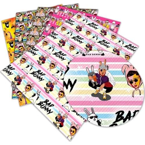 Famous Singer Bad Rabbit Print Pattern Faux Leather Fabric For Bow Earrings Handbag Crafts 30X136cm