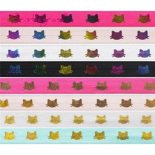 BRISTLEGRASS 100 Yard by Roll 5/8" 15mm Rainbow Gold Cat Foil Print Foldover Elastic FOE Spandex Satin Band Hair Tie Tutu Sewing