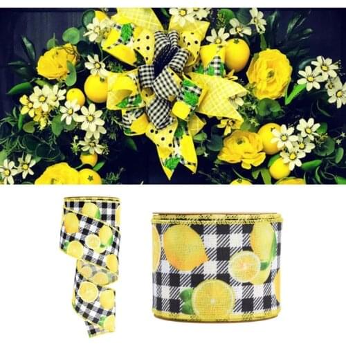 5/10Yards Lemon Wired Edge Ribbon 2.5Inches Wide Summer Burlap Ribbon Lemon Gingham Check Ribbon Decorative Lemon Ribbon