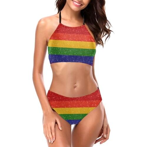 Bikinis Faux Glitter Rainbow Pride Flag sexy 2021 Women Swimsuit Low Waist Swimwear R336 Women Beach wear