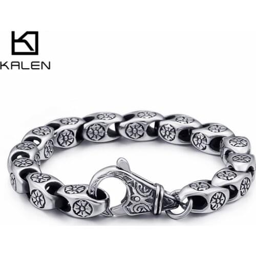 KALEN Trendy Stainless Steel Link Chain Unisex Bracelets For Men 21.5cm Metal Flower Charm Bracelet Women Men Jewelry