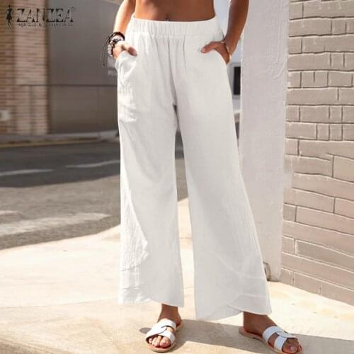 S-5XL Fashion Women Elastic Wasit Wide Leg Pants Summer Trousers ZANZEA Casual Solid Long Pantalon Loose Cotton Flare Palazzo