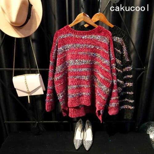 Cakucool New Women Gold Lurex Sweaters O-neck Loose Bling Jumpers Autumn Striped Sequined Embellish Slim Sweater Pullover Female