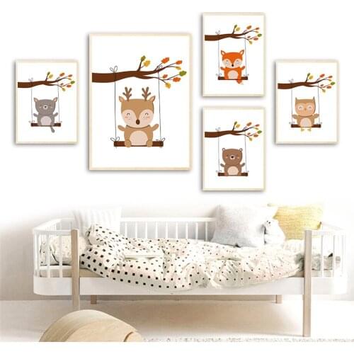 Kawaii Deer Fox Rabbit Owl Bear Raccoon Baby Wall Art Canvas Painting Nordic Posters And Prints Wall Pictures Kids Room Decor