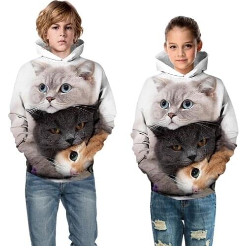 Cat 3D Digital Print Sweatshirts Boys Girls Loose Casual Pullover Childrens Baseball Uniform Kids Hoodies Baby Clothes 5-14Y