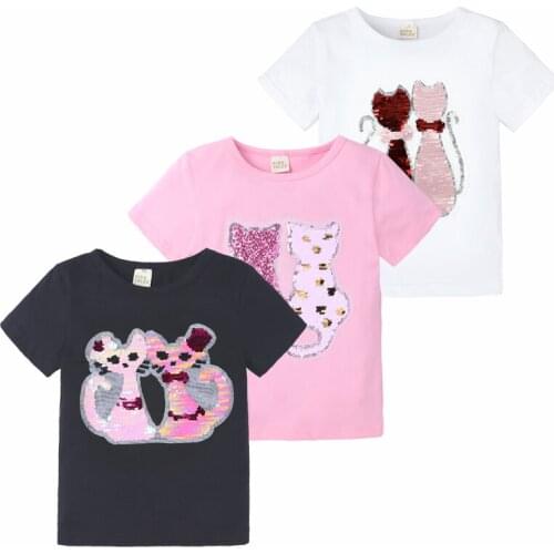 Summer Magic Sequin Design Lovely Tshirts Baby Girls Short Sleeve Princess Tops Kids Elegant Cartoon Cat Cotton Clothes DBT113