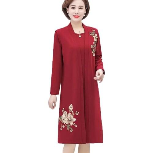 Mothers Spring Autumn Two-piece Suit Women Middle-aged Vest Coat And Long Sleeve Dress 2 piece Set Outfit Female Set Plus Size
