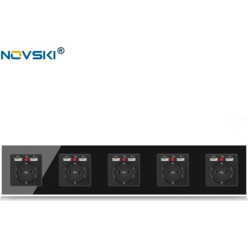 NOVSKI 16A Electrical Wall Socket EU, Quintuple German Schuko Outlets, USB Power Charger Hidden LED, 86*430 mm Black 5 Frame