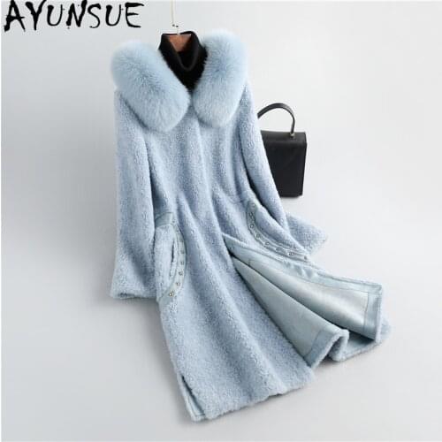 AYUNSUE Autumn Real Fox Fur Collar Coat Female Winter 2021 Elegant Sheep Shearling Jackets Womens Fur Coat Manteau Femme Gxy352