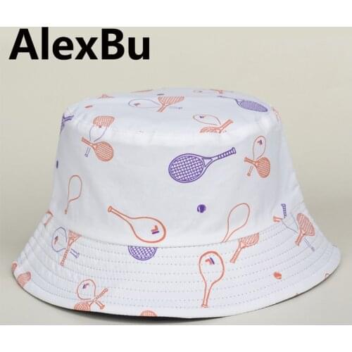 Sonnenhut Damen Tennis Racket Print Men Women Cotton Hip Hop Double Sided Cap Summer Panama Fashion Fold Sun Fisherman Hats Bob