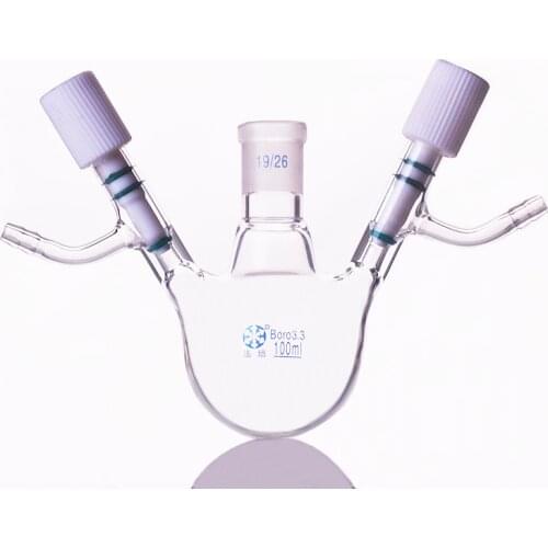 Single-necked reaction round bottom bottle 100ml 19/26,With double PTFE high vacuum switch valve,Single-port reaction flask