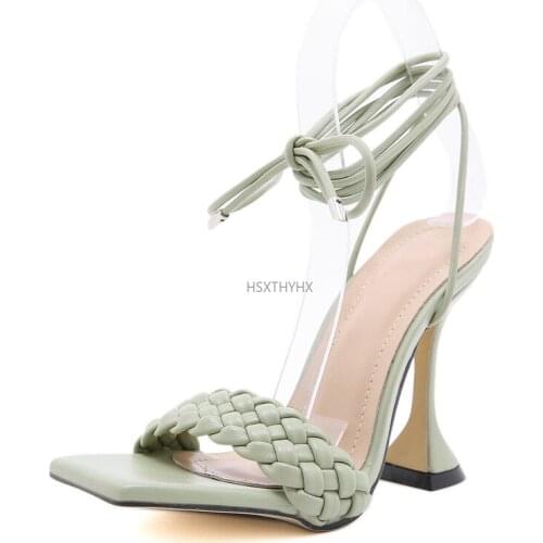Hot Women Sandals Hollow Cross-Tied Weave Shoes Fashion Cozy Leather Peep Toe Ankle Strap Ladies Strange Heels Pumps Sandals