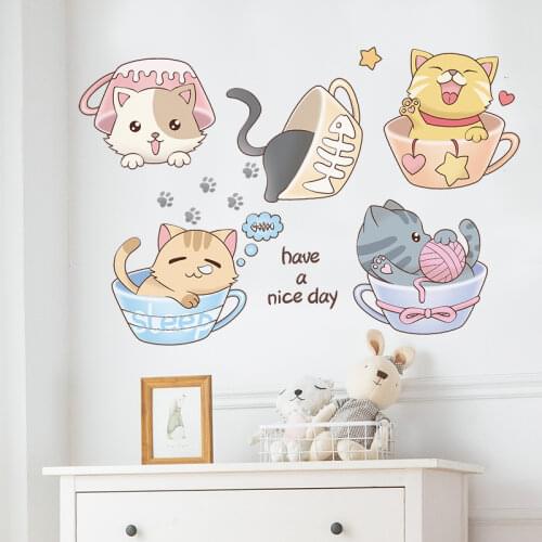 [shijuekongjian] Cartoon Cups Wall Stickers DIY Cats Animal Mural Decals for Kids Room Baby Bedroom Nursery House Decoration