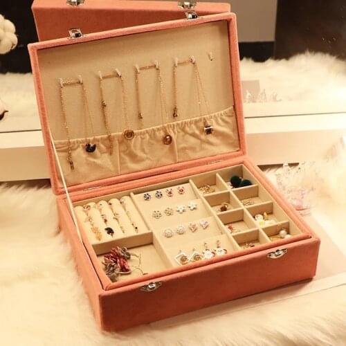 2021 New 2-layers Jewelry Box Velvet Stud Jewelry Organizer Large Ring Necklace Makeup Holder Cases With Lock For Women