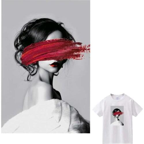Beautiful Girl Iron-On Transfer For Clothing DIY Washable T-Shirts Heat Transfer Thermal Stickers Black And White Photo Patches