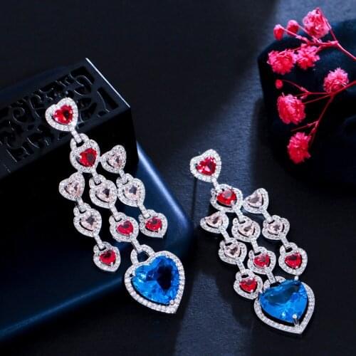 ThreeGraces Dazzling Blue Cubic Zirconia Long Dangling Love Heart Chandelier Earrings for Women Wedding Party Accessories ER666