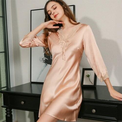 Women 100% Mulberry Silk Night Gown Women Spring/summer Winter Lace Pure Color Noble Hangzhou Silk Sexy Silk NightdressNightgown