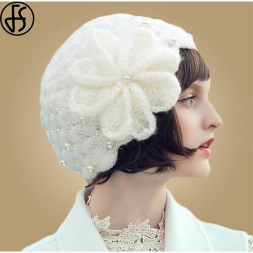 FS White Beanies Hat For Women Knit Warm Purple Caps Winter Black Ladies Skullies Flower Beaded Female Girl Fashion Bonnet Caps