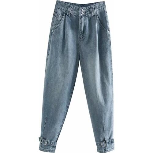 Obrix Denim Female High Waist Jeans Shortened Length Cuffs Belts Harem Pants Casual Trendy Jeans For Women