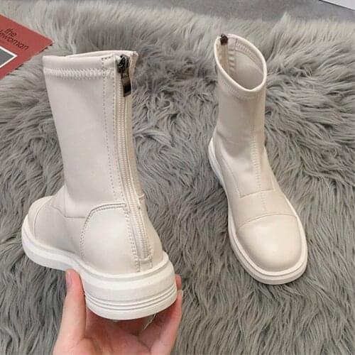 2020 Autumn New Women Boots Leather Sock Booties Low Heel Square Toe Fashion Lady Casual Pumps Shoes