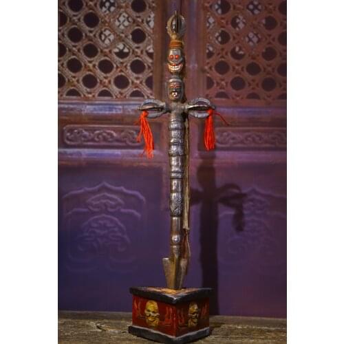 17" Tibet Buddhism Old Tiantie Gem Tracing Skull Dorje Vajra Phurpa Cross Pendant Town House Exorcism Ward off evil spirits