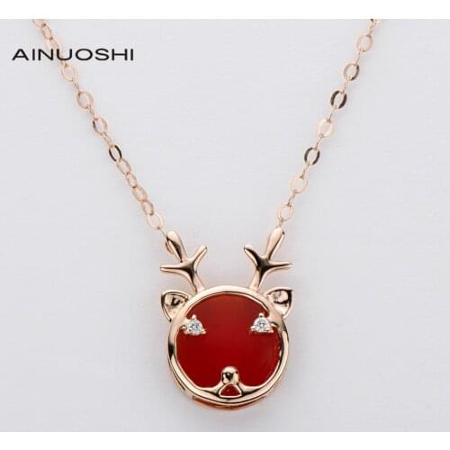 AINUOSHI 18K Rose Gold 0.01ct/0.015ct Real Diamond Red Agate Cute Charm Necklace Fashion Animal Element Jewelry For Women 18