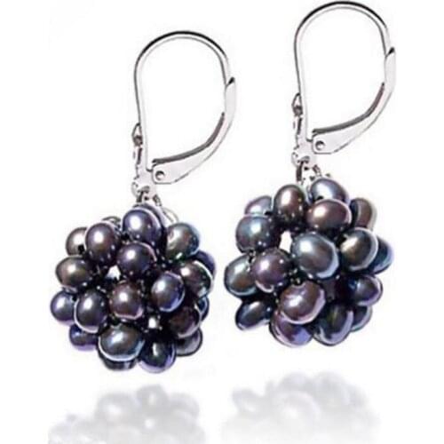 Free shipping Pair Real Genuine Black Pearl Balls White stone Hook Earrings